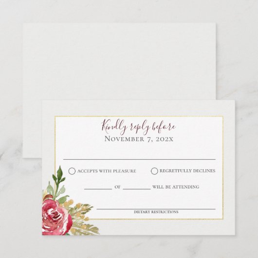 Winter Floral Roos Goud en Zilver RSVP Kaartje (Voorkant / Achterkant)