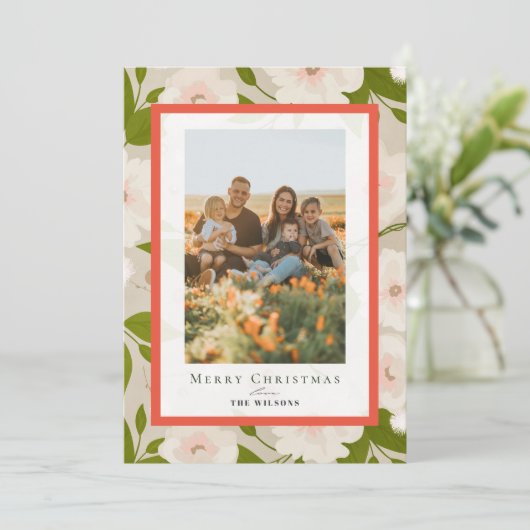 Winter Floral Sage Green 4 Foto's Kerst Feestdagenkaart (Staand voorkant)