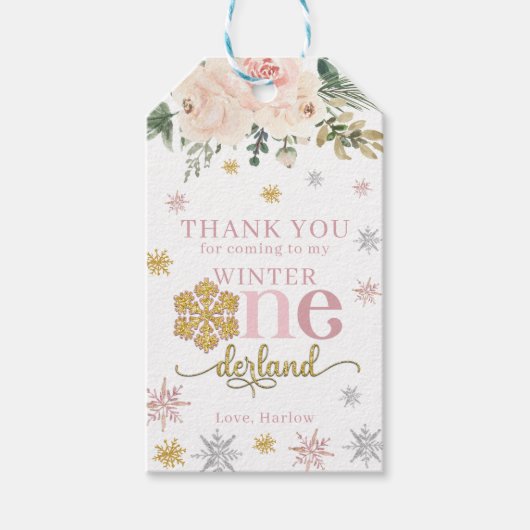 Winter Floral Snowflake ONEderland 1e verjaardag Cadeaulabel (Voorkant)