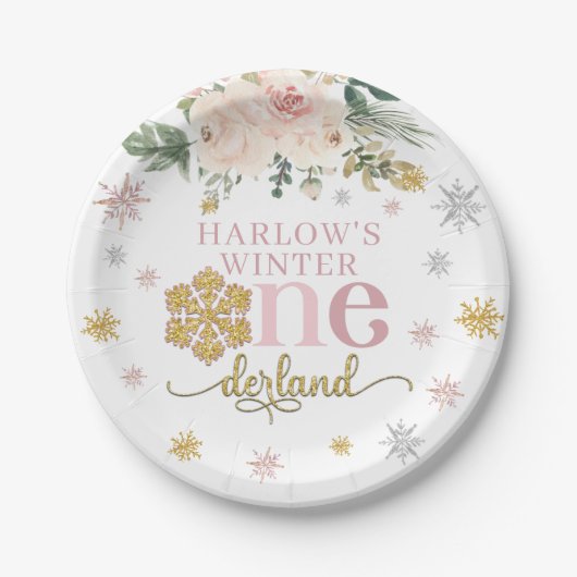Winter Floral Snowflake ONEderland 1e verjaardag Papieren Bordje (Voorkant)