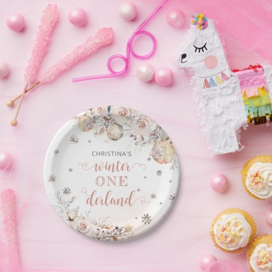 Winter Floral Snowflake ONEderland 1e verjaardag Papieren Bordje (Feest)