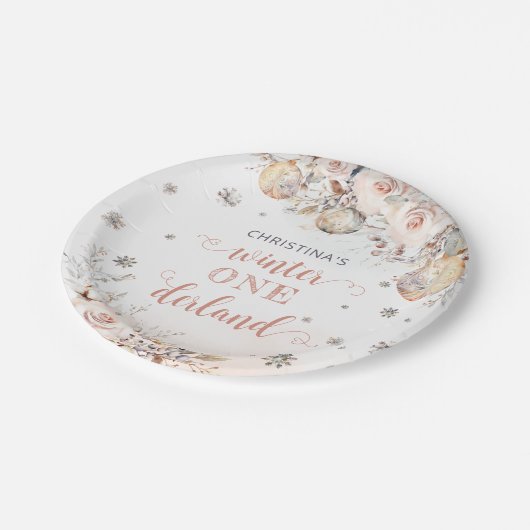 Winter Floral Snowflake ONEderland 1e verjaardag Papieren Bordje (Gekanteld)