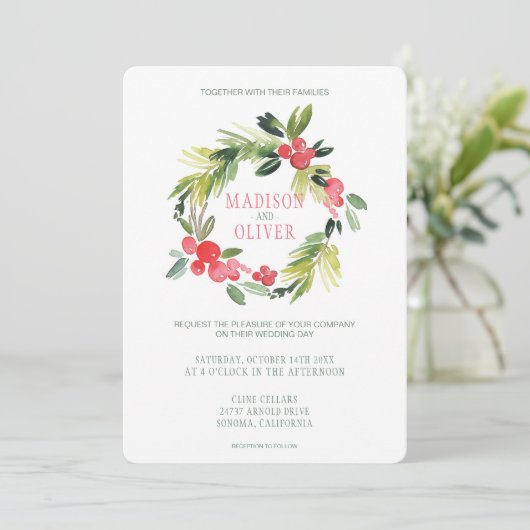 Winter Floral Waterverf Wreath | Weddenschap Kaart (Staand voorkant)