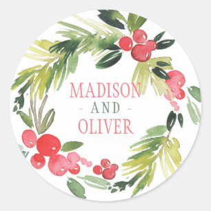 Winter Floral Waterverf Wreath   Weddenschap Ronde Sticker