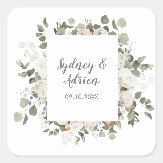 Winter Floral Wedding Envelope Seals Vierkante Sticker (Voorkant)