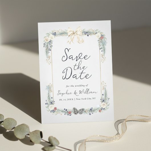 Winter Floral Wedding Flat Save The Date Card Kaart