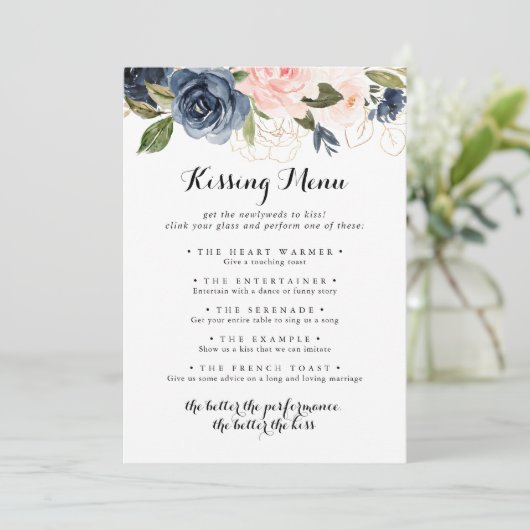 Winter Floral Wedding Kissing Menu Game Kaart (Staand voorkant)