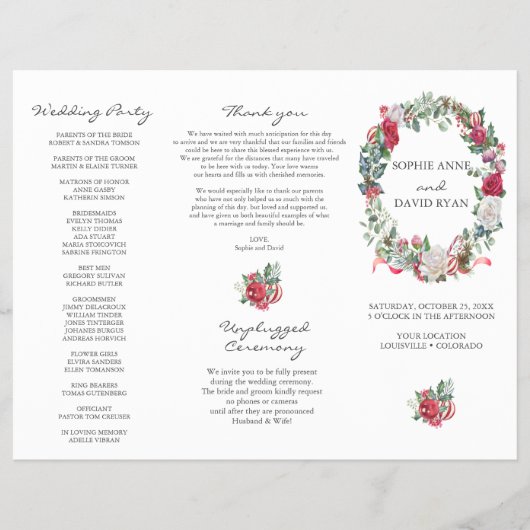 Winter Floral Wreath Tri+Fold Wedding Programme Flyer (Voorkant)