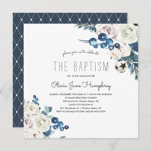 Winter Florals Baptism Invitation Kaart (Voorkant / Achterkant)