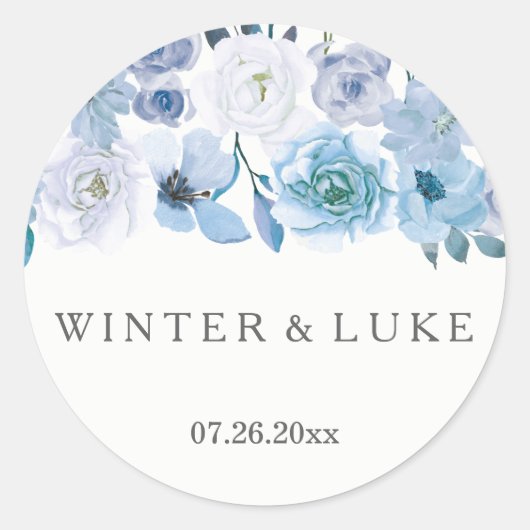Winter Florals: Blauwe witte bruiloft Ronde Sticker (Voorkant)