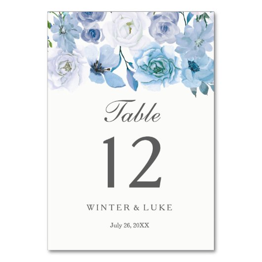 Winter Florals: Blue White Wedding Table Number Kaart (Achterkant)