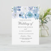 Winter Florals: Elegant Blue White Wedding Invite Kaart (Staand voorkant)
