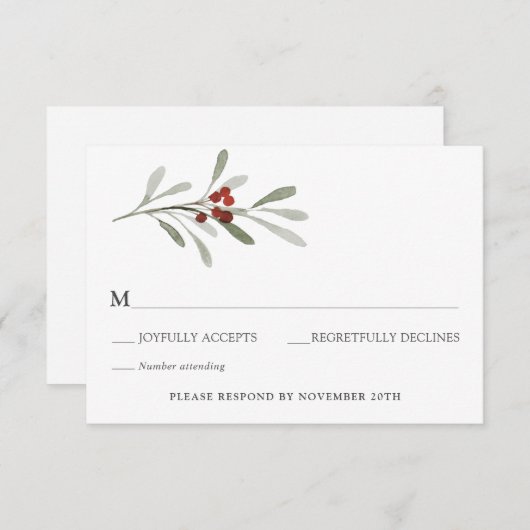 Winter Florals en Evergreen bruiloft RSVP Kaart (Voorkant / Achterkant)