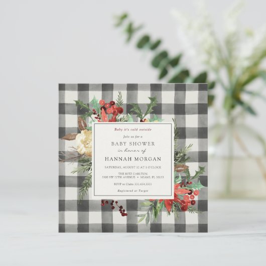 Winter Florals en Evergreen Pset Baby shower Kaart (Staand voorkant)