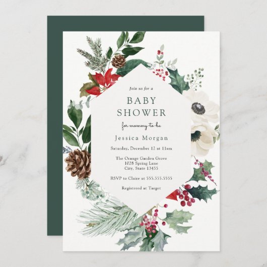 Winter Florals en Greenery Baby shower Invitation Kaart (Voorkant / Achterkant)