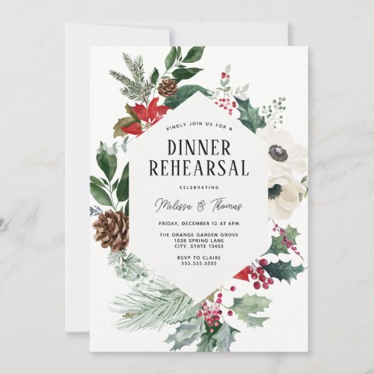 Winter Florals Greenery Wedding Dinner Rehearsal Kaart (Voorkant)