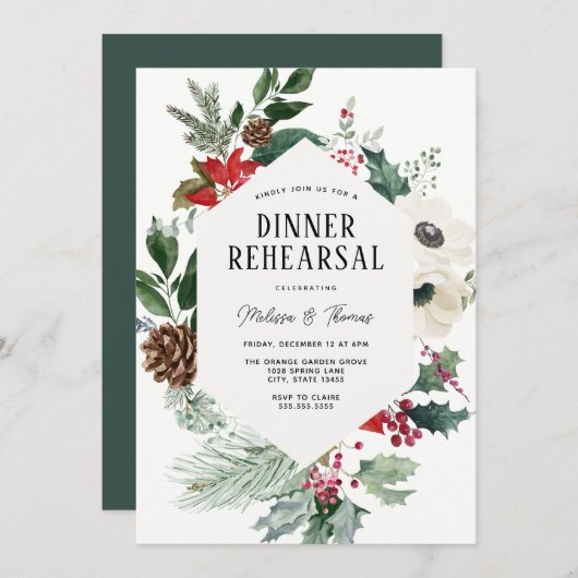 Winter Florals Greenery Wedding Dinner Rehearsal Kaart (Voorkant / Achterkant)