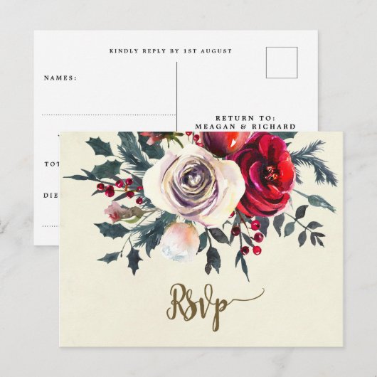 Winter Florals Wedding RSVP briefkaart (Voorkant / Achterkant)