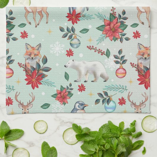 Winter Florest Dieren Kerstpatroon Theedoek (Gevouwen)