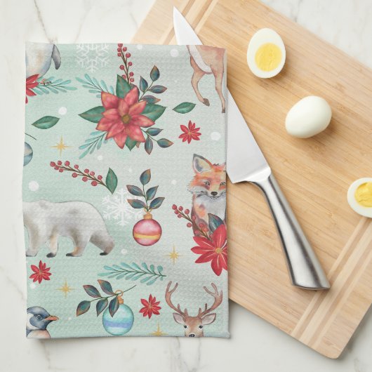 Winter Florest Dieren Kerstpatroon Theedoek (Quarter Fold)