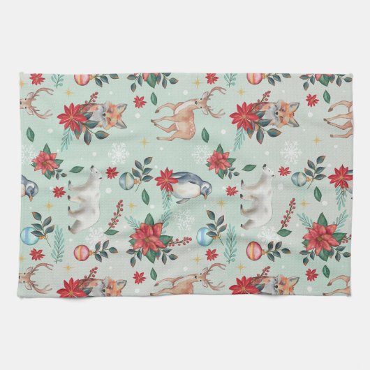 Winter Florest Dieren Kerstpatroon Theedoek (Horizontaal)