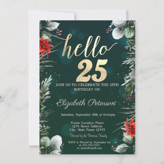 Winter Flower Poinsettia Green 25e verjaardag Kaart (Voorkant)