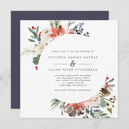 Winter Flowers and Berries Red and Navy Wedding Kaart