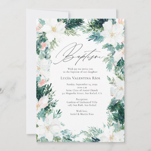 Winter Flowers Elegant Wreath Poinsettia Baptism Kaart (Voorkant)