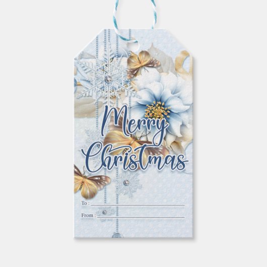 Winter Flowers en Butterflies Merry Kerstmis Cadeaulabel (Voorkant)