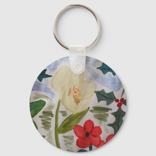Winter Flowers & Holly Button Key Ring Sleutelhanger (Voorkant)