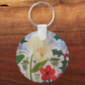 Winter Flowers & Holly Button Key Ring Sleutelhanger (Voorkant)