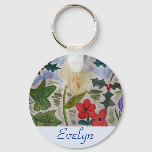 Winter Flowers & Holly Button Key Ring Sleutelhanger (Voorkant)