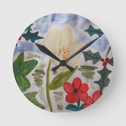 Winter Flowers & Holly Clock Ronde Klok (Voorkant)