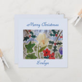 Winter Flowers & Holly Flat-kerstkaart Kaart (Voorkant / Achterkant in situ)