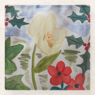Winter Flowers & Holly Glazen Onderzetter