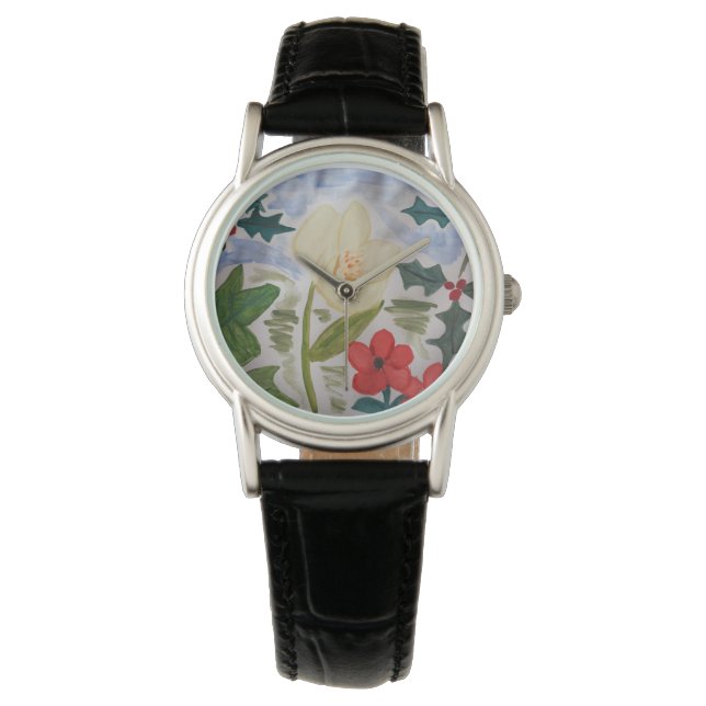 Winter Flowers & Holly Horloge (Voorkant)