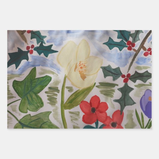 Winter Flowers & Holly Inpakpapier Vel (Voorkant 2)