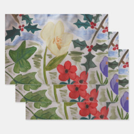 Winter Flowers & Holly Inpakpapier Vel