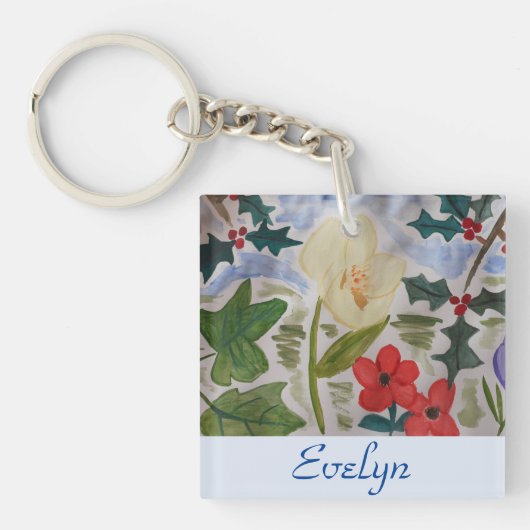 Winter Flowers & Holly Kerstmis Sleutelhanger (voorkant)