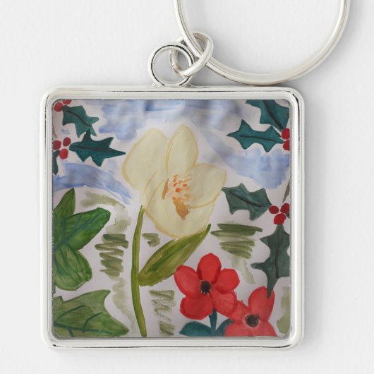 Winter Flowers & Holly Sleutelhanger (Voorkant)