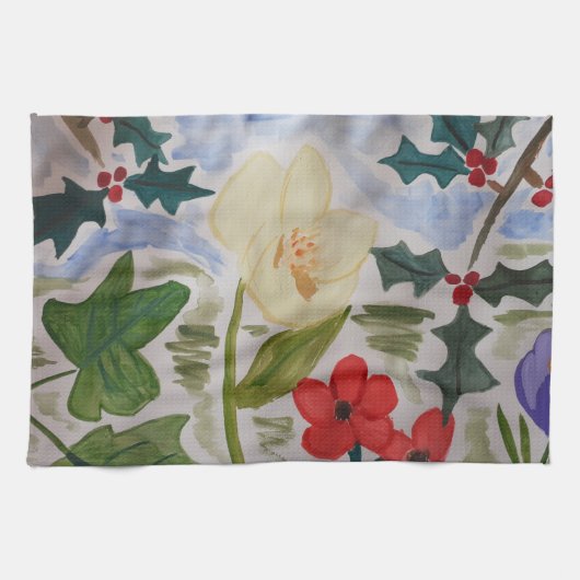 Winter Flowers & Holly Tea Towel Theedoek (Horizontaal)