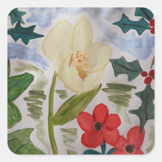 Winter Flowers & Holly Vierkante Sticker (Voorkant)
