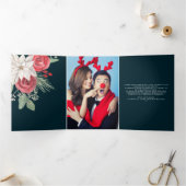 Winter Flowers Joyeux Noël Elegant Kerstmis Drieluik Wenskaart (Binnen)