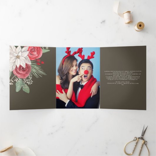 Winter Flowers Joyeux Noël Elegant Kerstmis Drieluik Wenskaart (Binnen)