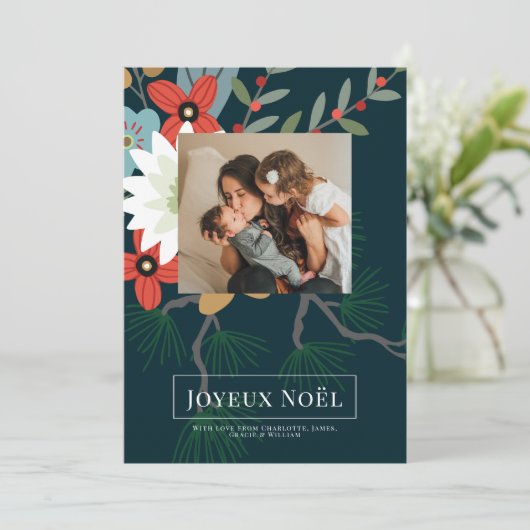 Winter Flowers Joyeux Noël Elegant Kerstmis Kaart (Staand voorkant)