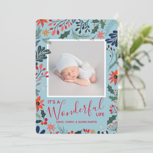 Winter Flowers Kerstmis Foto geboorteaankondiginge Feestdagenkaart (Staand voorkant)