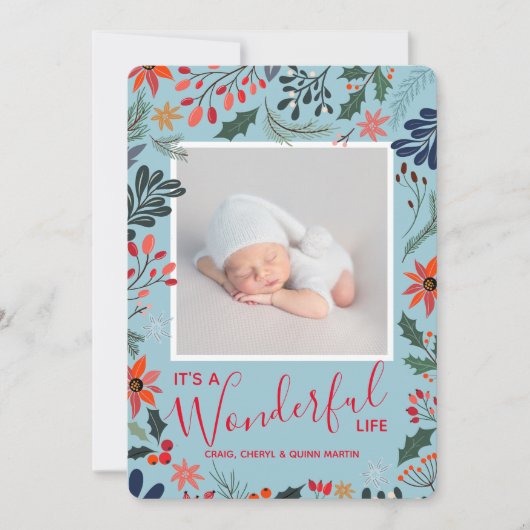 Winter Flowers Kerstmis Foto geboorteaankondiginge Feestdagenkaart (Voorkant)