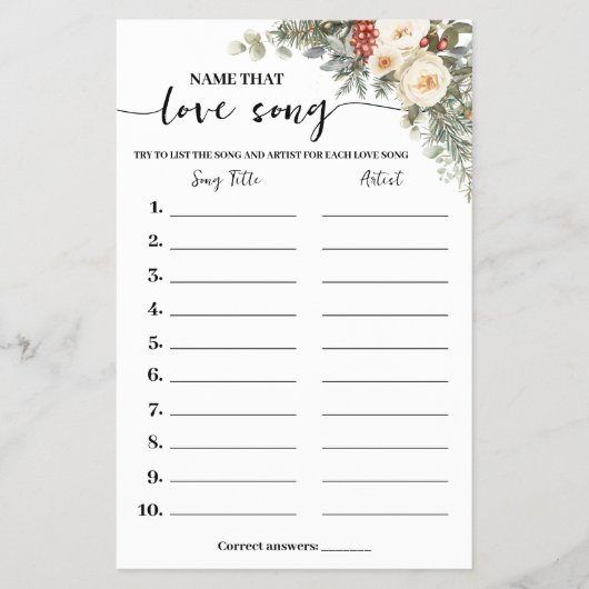 Winter Flowers Name Love Song Shower Game Card Flyer (Voorkant)