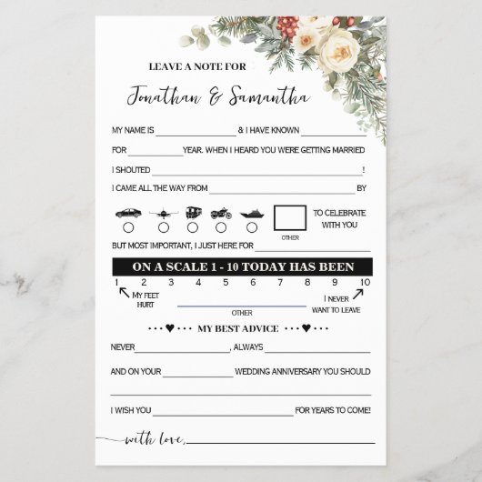 Winter Flowers Note for Couple Wedding Game Card Flyer (Voorkant)