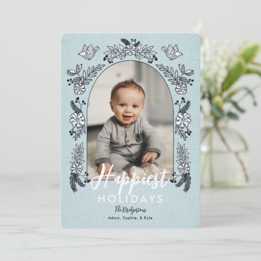 Winter Flowers Photo Arch Cute Holiday Card Feestdagenkaart (Staand voorkant)